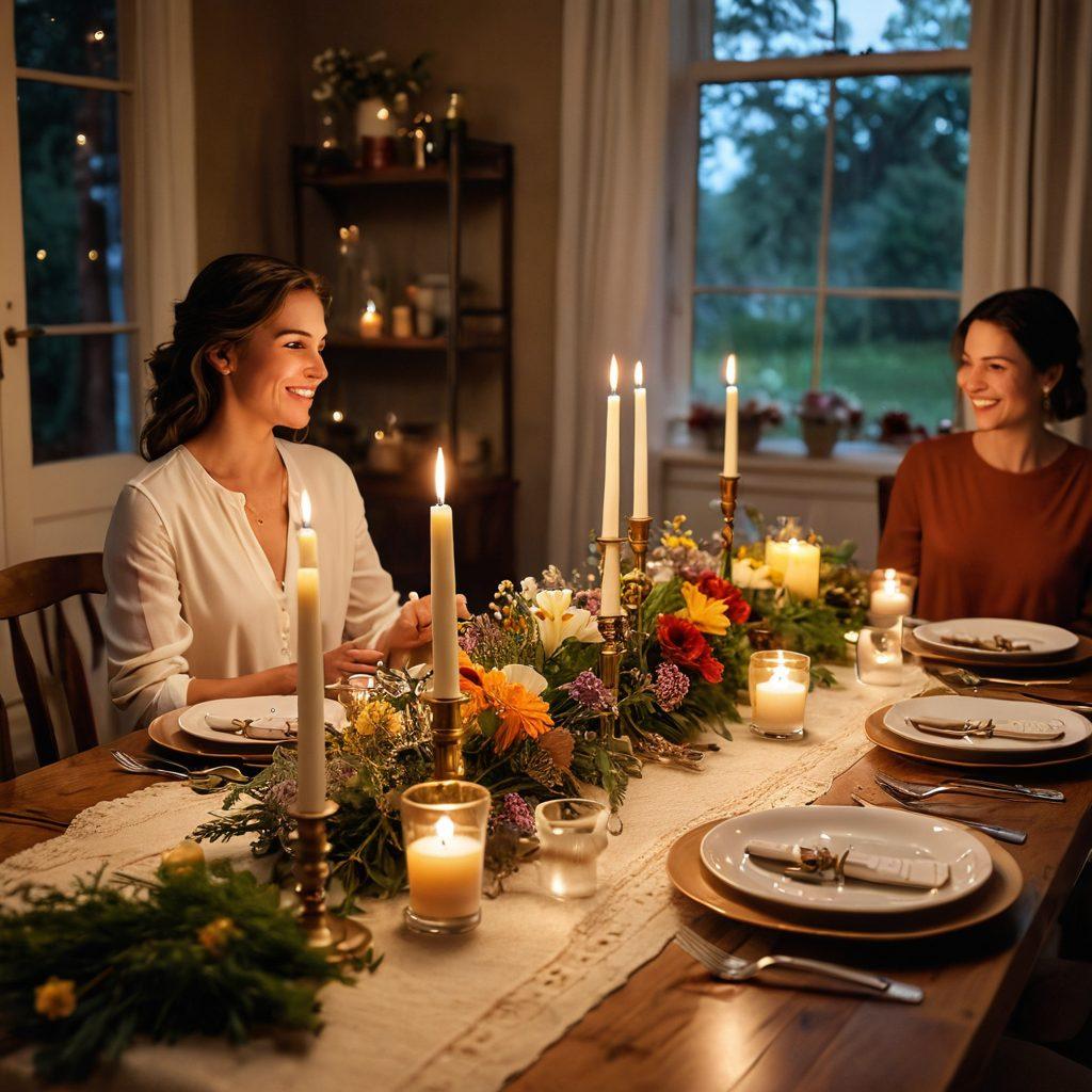 A beautifully set dinner table featuring elegant yet affordable decorations, including candles, wildflowers, and charming dishware, all set against a cozy background. Include playful elements like discounted price tags subtly integrated into the scene. A couple is enjoying a candlelit meal, showcasing joy and intimacy in a budget-friendly setting. warm tones. super-realistic. soft lighting.