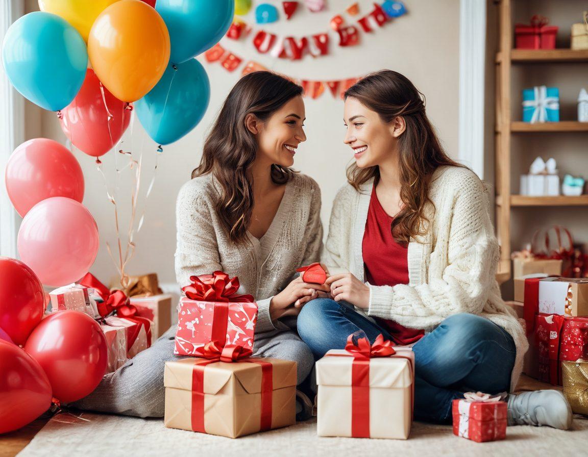 A warm, inviting scene depicting a cozy home environment with a beautifully wrapped gift in the foreground, surrounded by price tags showcasing discounts and sale signs. In the background, a happy couple is joyfully exchanging gifts, highlighting the theme of affection. Incorporate elements like heart-shaped decorations and colorful balloons to emphasize love and thoughtfulness. warm tones. vibrant colors. soft focus.