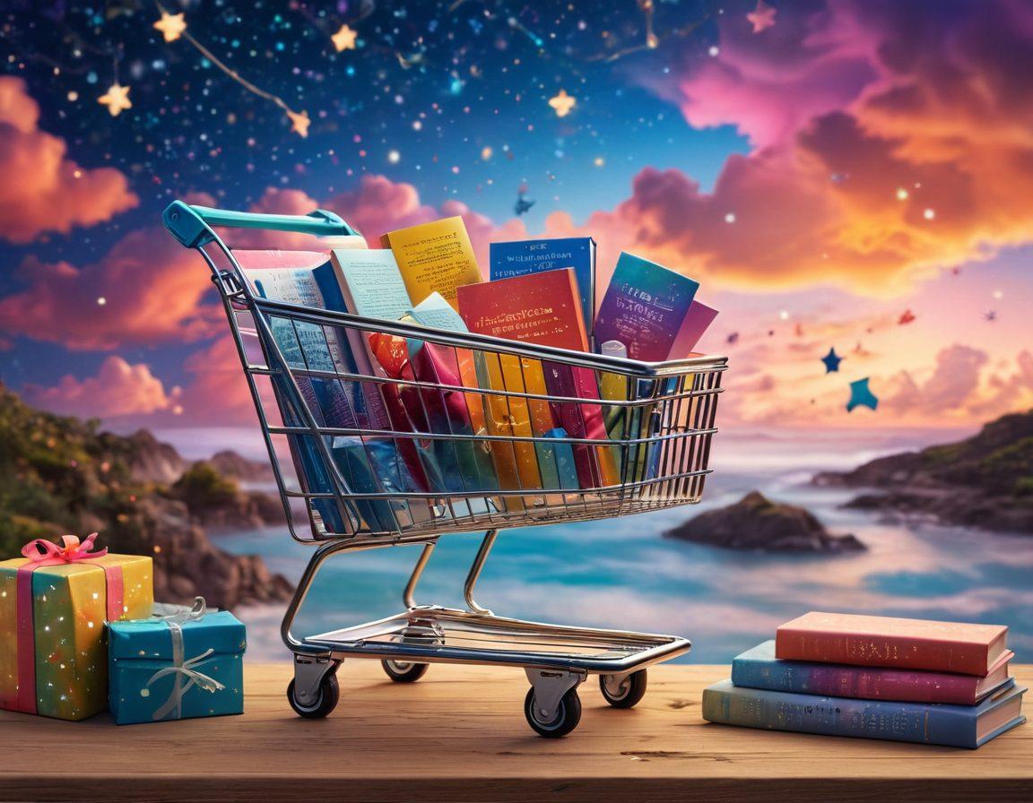 A whimsical scene showcasing a stylish shopping cart filled with various gift items like books, gadgets, and handmade crafts, with floating markdown price tags above each item. In the background, a vibrant, dreamy landscape made of colorful clouds and shimmering lights symbolizing memories and special moments. The shopping cart is surrounded by playful notes and stars, emphasizing creativity and surprise. super-realistic. vibrant colors. 3D.